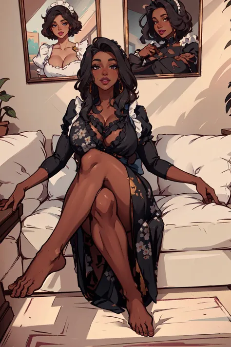 masterpiece,best quality,absurdres,beautiful,aesthetic,detailed, 1girl, ((very dark skin)), dark skinned woman, legs crossed, brown afro, puffy sleeves, maid, black maid dress, bottomless, maid headdress, barefoot, facing forward, squishy, soft skin, front view, indoors, smiling, portrait, parted lips, (dynamic camera), good anatomy, simple background, thick lips, lipstick, makeup, amazing composition, <lora:EbonyGirls_v01:0.8>