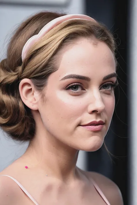 a up close photo of rileyK1 wearing a milk maid dress, (light pink milk maid dress), (upright pin curl hairstyle), (blonde hair), (kitchen background), elegant, highly detailed. vibrant, photorealistic, realistic, sharp focus, 8k
