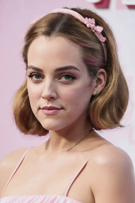 a up close photo of rileyK1 wearing a milk maid dress, (light pink milk maid dress), (upright pin curl hairstyle), (blonde hair), (kitchen background), elegant, highly detailed. vibrant, photorealistic, realistic, sharp focus, 8k