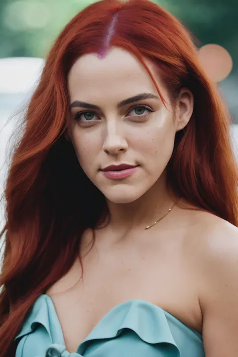photoshoot of rileyK1 , (red hair), (long hair), detailed skin texture, (blush:0.2), (goosebumps:0.3), (light blue dress), subsurface scattering, Photorealistic, Hyperrealistic, Hyperdetailed, analog style, hip cocked, demure, detailed skin, matte skin, soft lighting, subsurface scattering, realistic, heavy shadow, masterpiece, best quality, ultra realistic, 8k, golden ratio, Intricate, High Detail, film photography, soft focus