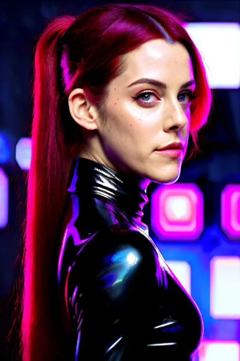 rileyK1 in cyber neon lighting, futurism, intricate futuristic jewelry accessories, cyberpunk glossy white latex turtleneck, hyper photorealistic, crispy quality, digital photography, trending in artstation, trending in pinterest, cinematic, 4 k ultra hd, art by pascal blanche, art by greg rutkowski