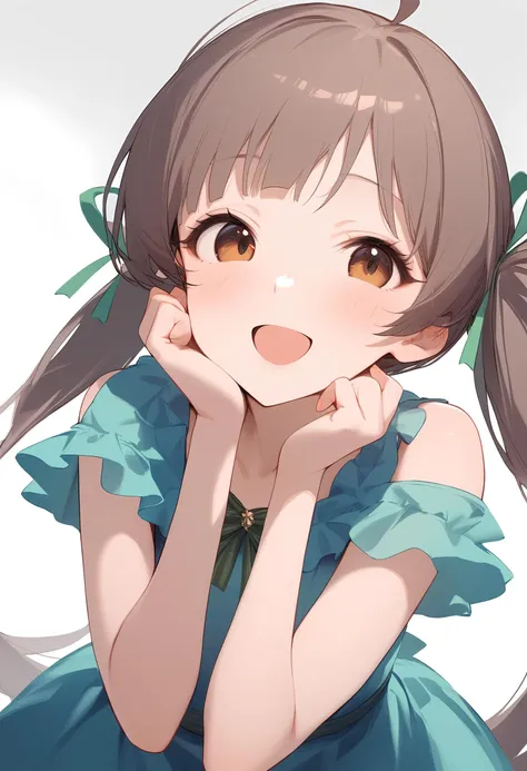1girl,blush,hakozaki serika,looking at viewer,solo,green ribbon,simple background,white background,collarbone,short sleeves,open mouth,blue dress,d,aqua dress,closed mouth,green dress,hands up,smile,<lora:a31_char_new_hakozaki_serika-000012:1>masterpiece, best quality, absurdres<lora:a31_style_koni-000010:0.8>