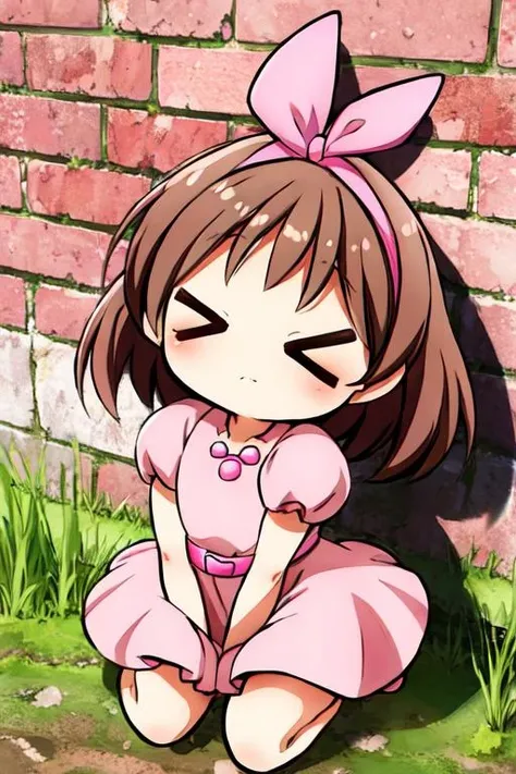 masterpiece, best quality,ultra detail, <lora:anmnr01:0.3> <lora:add_detail:0.5>,<lora:GoodHands-vanilla:0.8>,1girl, petite,chibi<lora:pretty-bomber-without-helmet-v1:0.8>,pretty-bomber,brown hair, pink dress,pink headband, puffy short sleeves,brick wall,dutch angle,bomber,strong wind,(crouching,covering ears with hands,close eyes), <lora:hotarueye_comic1_v100:1>
