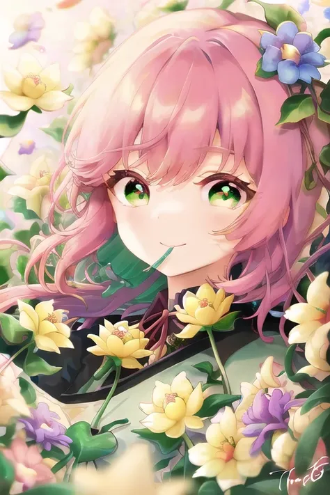 tama5 a girl with pink hair and flowers around her head, 1girl, bangs, blue_flower, bouquet, camellia, daisy, dandelion, field, finger_in_mouth, fingernails, floral_background, flower, flower_\(symbol\), flower_field, flower_wreath, green_eyes, green_flower, grey_hair, hibiscus, hydrangea, leaf, lily_\(flower\), lily_of_the_valley, lily_pad, looking_at_viewer, lotus, morning_glory, orange_flower, pink_flower, purple_flower, rainbow, red_flower, smile, snail, solo, spider_lily, symbol-shaped_pupils, tulip, vase, white_flower, yellow_flower, solo, dynamic shot, <hypernet:myhands_22k:0.75> <lora:tama5:1>