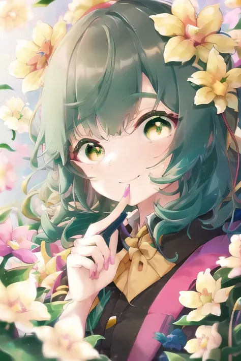 tama5 a girl with pink hair and flowers around her head, 1girl, bangs, blue_flower, bouquet, camellia, daisy, dandelion, field, finger_in_mouth, fingernails, floral_background, flower, flower_\(symbol\), flower_field, flower_wreath, green_eyes, green_flower, grey_hair, hibiscus, hydrangea, leaf, lily_\(flower\), lily_of_the_valley, lily_pad, looking_at_viewer, lotus, morning_glory, orange_flower, pink_flower, purple_flower, rainbow, red_flower, smile, snail, solo, spider_lily, symbol-shaped_pupils, tulip, vase, white_flower, yellow_flower, solo, dynamic shot, <hypernet:myhands_22k:0.75> <lora:tama5:1>