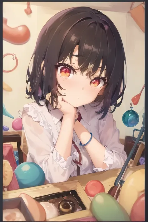 masterpiece, tama5 a girl with brown eyes and a white shirt and a background of objects and objects, 1girl, bangs, black_hair, border, closed_mouth, cosmetics, head_rest, looking_at_viewer, portrait, short_hair, solo, dynamic shot, <hypernet:myhands_22k:0.75> <lora:tama5:1>