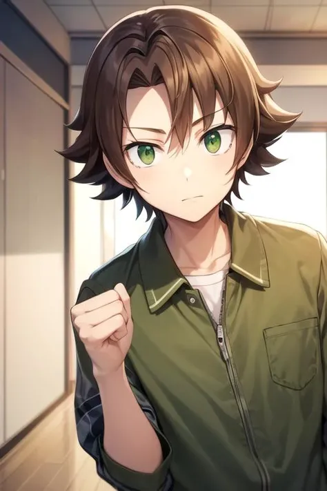 masterpiece, best quality, wallpaper, 1boy, solo, male focus, looking at viewer, , , <lora:ryou_oohiro:0.66>, ryou_oohiro, brown hair, green eyes, , ,