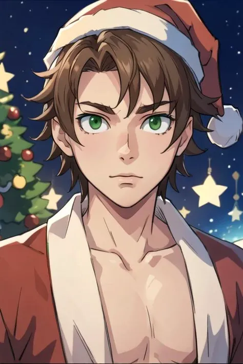 masterpiece, best quality, photorealistic, 1boy, solo, male focus, looking at viewer, , depth of field, <lora:ryou_oohiro:0.68>, ryou_oohiro, brown hair, green eyes, santa claus costume, sci-fi,