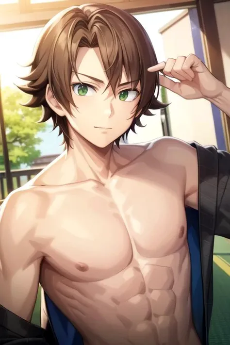 1boy、 Japanese、Cute face、laughing、relax、Upper body naked、slim、Very tanned skin、Short black hair、Developed abdominal muscles、Big nipples、night、moonlight、Open-air bath、Line art、