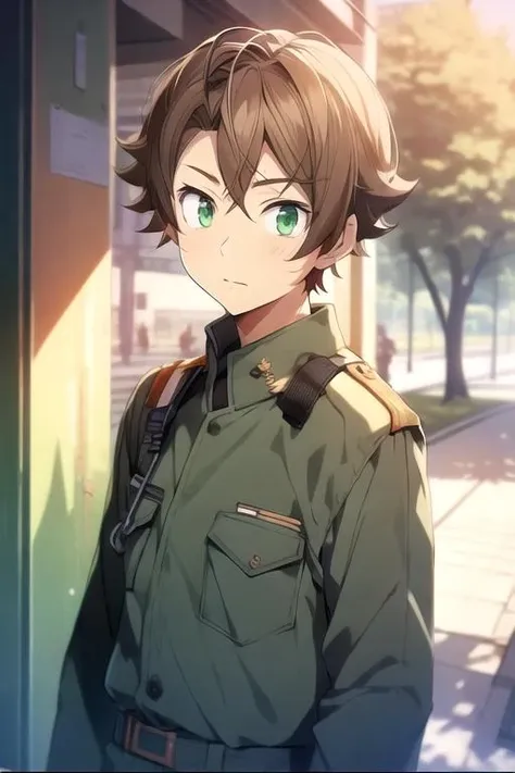 masterpiece, best quality, illustration, 1boy, solo, male focus, looking at viewer, upper body, depth of field, <lora:ryou_oohiro:0.66>, ryou_oohiro, brown hair, green eyes, , world war 2,