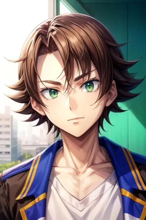 masterpiece, best quality, wallpaper, 1boy, solo, male focus, looking at viewer, , , <lora:ryou_oohiro:0.70>, ryou_oohiro, brown hair, green eyes, , , grimdark, High resolution