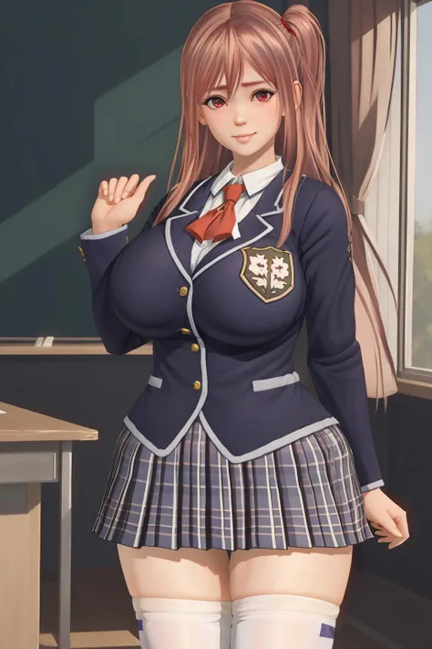 masterpiece, best quality, honoka, looking at viewer, shy, school uniform, thighhighs, huge breasts, thick thighs, lying <lora:honoka-000018:0.8>