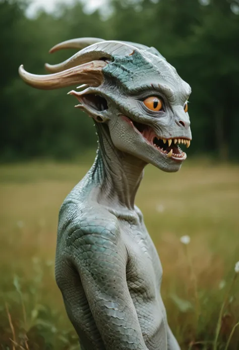 score_9, score_8_up, score_7_up, photo, realistic, solo, (alien;1.2), grey skin, humanoid body, scales, (three eyes:1.2), snout, sharp tooth, horn. (cute:1.2), standing, (humanoid:1.2), portrait, side view