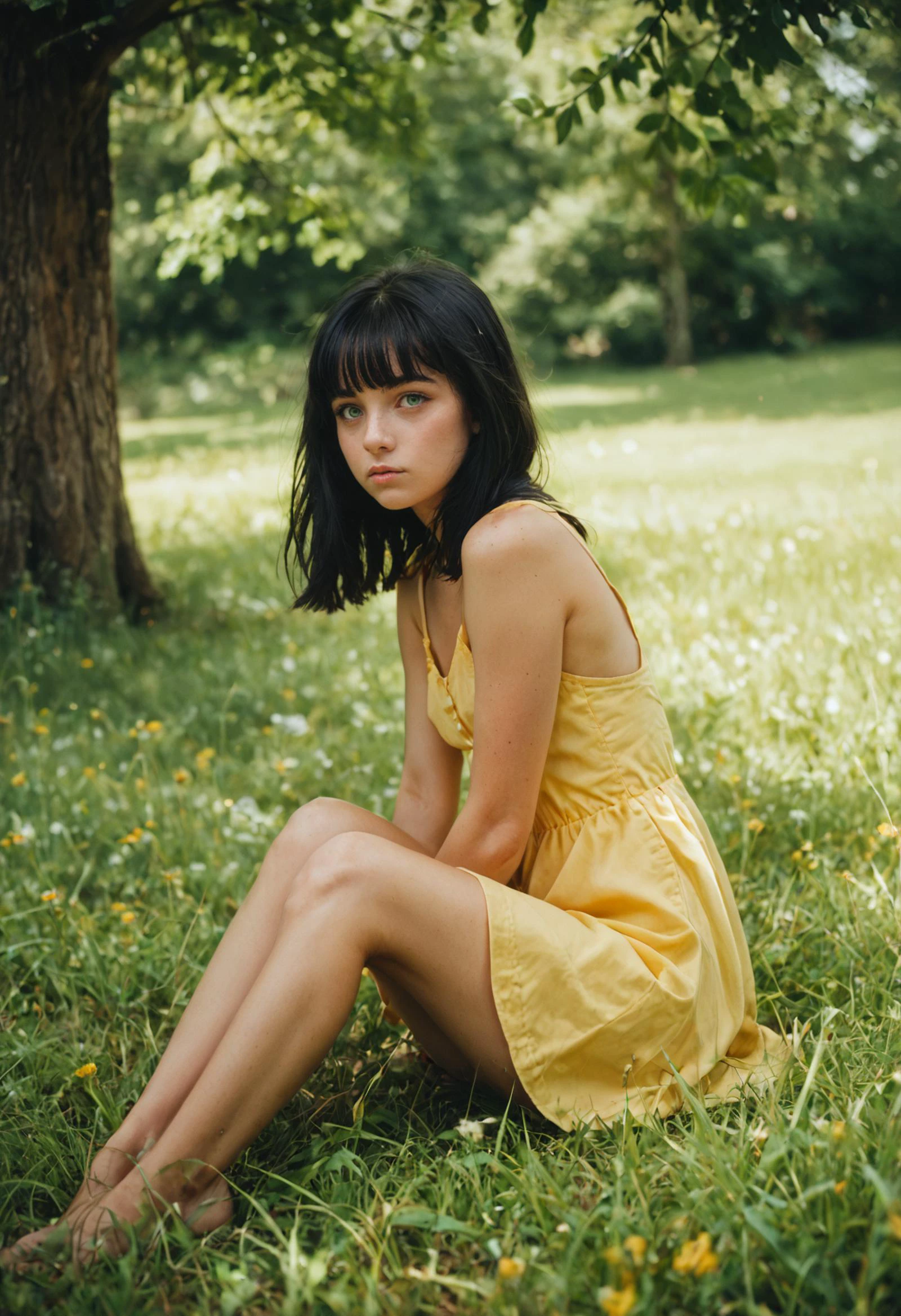 score_9, score_8_up, score_7_up, from side, low angle, shot on film, photo of a cute girl, pretty face, pale skin, long black hair, bangs, green eyes, (freckles:0.7), pouty lips, yellow sundress, small breasts, sitting in the grass in the shade of a large tree, knees up, volumetric light, sunbeam, colorful wildflowers, shot on kodak ektachrome 200 35mm