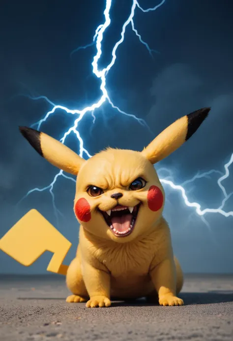 score_9, score_8_up, score_7_up, photo, realistic, halftone effect, retro artstyle, Angry Pikachu, Pokemon creature, cute yellow electric creature, red cheeks, pointed ears with black tips, fierce expression, mouth open with fangs, surrounded by blue lightning, energetic and powerful, dynamic background, intense action scene