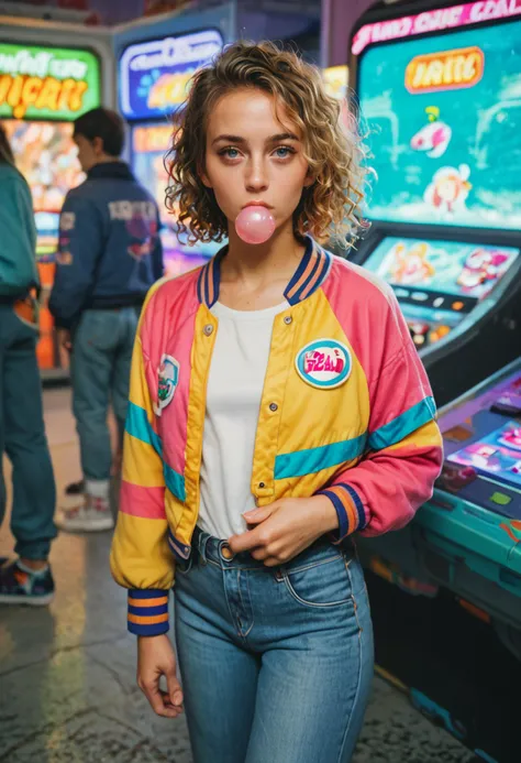 score_9,score_8_up,score_7_up,score_6_up,score_5_up, a girl with blonde curly hair, 1girl, standing, pink bubblegum bubble, 80s style arcade, video games, worried look, leaning back on arcade machine, worried, looking at viewer, colorful bomber jacket, slim jeans, plants, spaceship, cinematic lighting, volumetric lighting, unique angle, foggy atmosphere