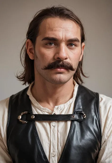 score_9, score_8_up, score_7_up, photo, realistic, rugged man, long brown hair, thick mustache, intense expression, wearing a black leather vest, muscular build, shoulder harness, dramatic lighting, gritty and tough, portrait