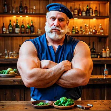 zPDXL2,a old sailor man at a bar,(very big male underarms:2),smoking wooden  pipe,spinach,drunk,american clothing,1950s \(style\),looking at viewer,spitting,white beard,drunkard,sailor cap,