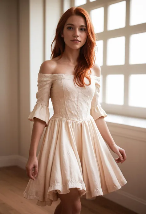 score_9, score_8_up, score_7_up, realistic photography, beautiful redhead girl, off shoulder paillette dress, cinematic lighting, perfect shading, dynamic angle, amazing composition, detailed