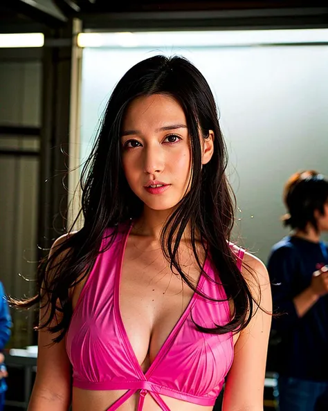 best quality, 1girl, (skindentation), (huge breast:1.2), (blur background:0.6), in a crowded comic book convention, (wearing a tight elegant elaborate pink latex outfit), gorgeous, (wavey hair:1.5), soft lighting, wind, (front light:1.5), makeup, <lora:javIori_v10:0.8>