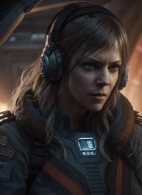 close up photo of sks woman, rugged space trucker, inside industrial spaceship, futuristic science fiction, action scene, digital concept art, realistic, intricate detailed textures, filmic, cinematic, environmental character portrait, <lora:locon_kaitlin_v1_from_v1_64_32:1.25>