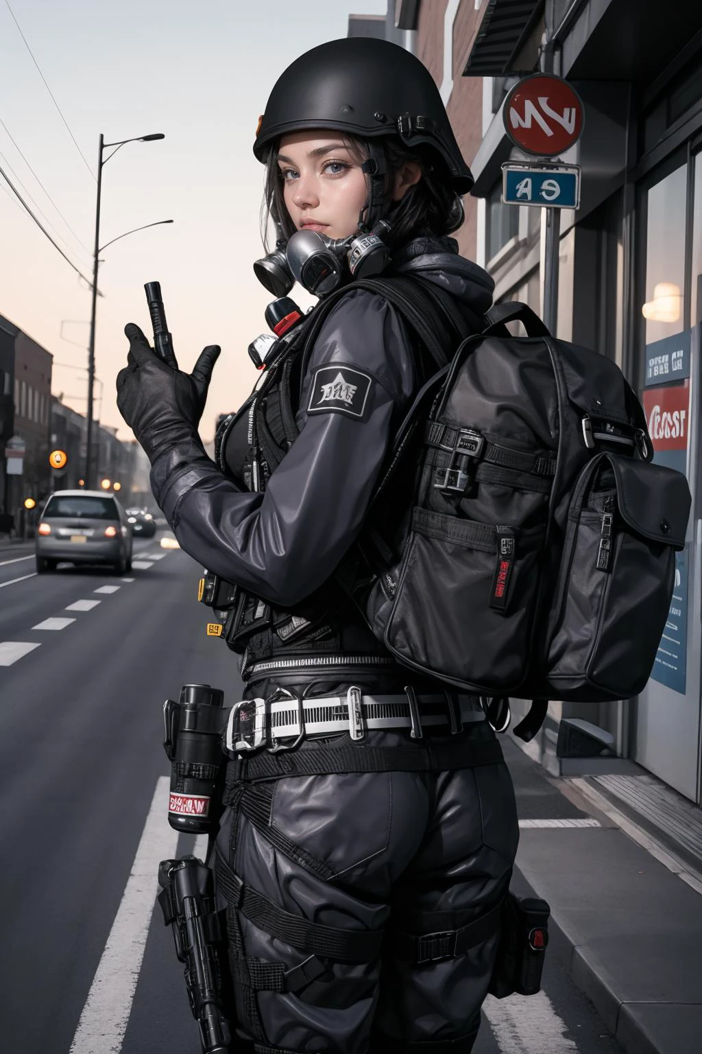 solo,1Girl,standing split,,ruanyi0524,backpack,belt,bulletproof vest,gas mask,gloves,tactical clothes,cowboy shot,outdoors,street,road sign,thigh gap,<lora:0524 navy tactical uniform_v1:0.9>, best quality,masterpiece,highres,official art,extremely detailed cg unity 8k wallpaper
