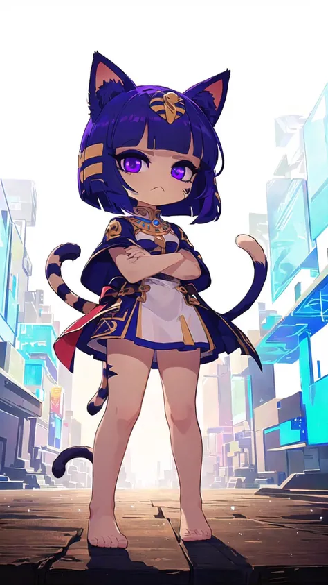 masterpiece, best quality, ultra-detailed, illustration, epic lighting, cinematic composition, (sharp:1.1), 2d, anime, <lora:ankhaAnimalCrossing_v1:1> ankha:1.05, beautiful, (yellow skin:1.3), (furry, furry female, animal feet:1.2), (striped cat tail:1.1), cat ears, (short blue hair:1.1), bangs, (purple eyes, glowing eyes:1.1), focus on the eyes, white dress, barefoot, (half-closed eyes:1.1), tired, frown, (standing, crossed arms, legs apart:1.1), full body, looking at viewer, facing viewer, looking down, from below, gradient background, (8k:1.1), <lora:maplestoryStyle_v30:0.5>