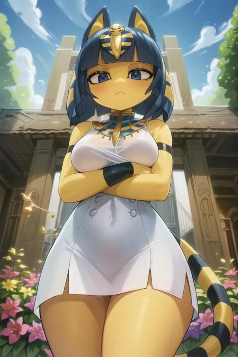 (masterpiece, best quality:1.2), ankha, 1girl, solo, loincloth, tail, outdoors, botanical garden, greenhouse, tropical plants, flowers, (bandages)
 