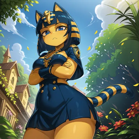 (masterpiece, best quality:1.1), ankha, 1girl, solo, (from below, looking down:1.1), crossed arms, breasts, tail, dark blue eyes, police uniform, outdoors, botanical maze, hedges, paths, nature, grass, plant, petals, leaf, playful, whimsical, adventurous, hidden, secret garden