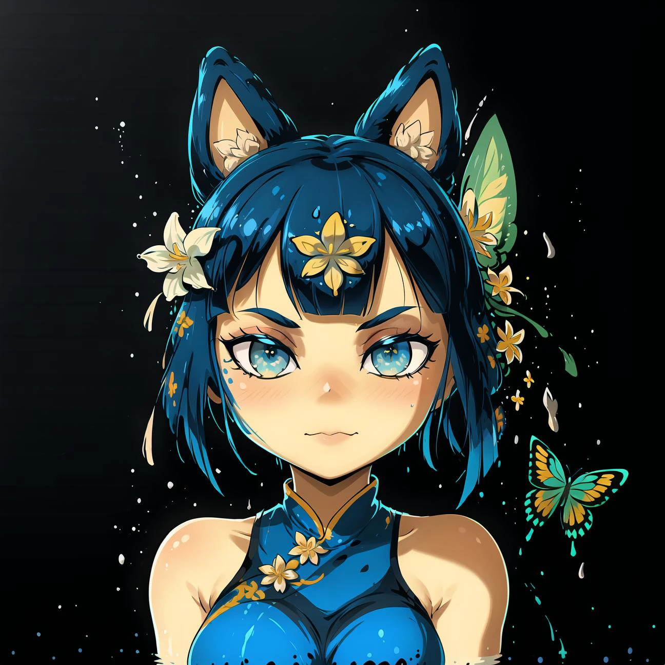 (masterpiece, best quality:1.2), ankha, 1girl, solo, crossed arms, breasts, tail, dark blue eyes, china dress, floral print, side slit, sleeveless, outdoors, botanical garden, butterflies, hummingbirds, flowers, plant, tree, orchid house, garden tours, garden tea parties, butterfly pavilion, pxint, portrait, looking at viewer, detailed face, droplets, flowing, with a splash of paint, rim lighting, (abstract:0.8)