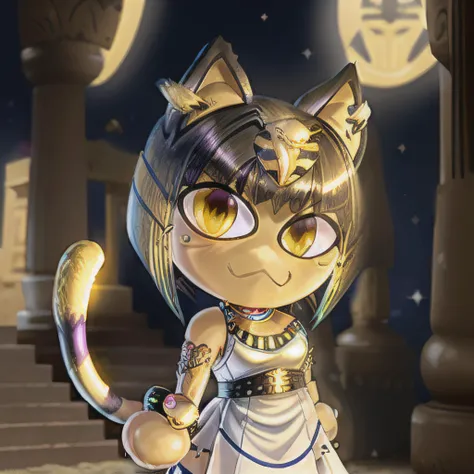 best quality, highly detailed, masterpiece, extremely detailed, beautiful face, (ankha, Neco-Arc, chibi, cute, kawai,),  furry, cat girl, yellow cat eyes, blue hair, white dress, sleeveless dress, Egyptian clothes, (inEgypt, pyramids in the background),  <lora:Neco-Arc:1> <lora:Ankha_v2_RETRAIN:1>