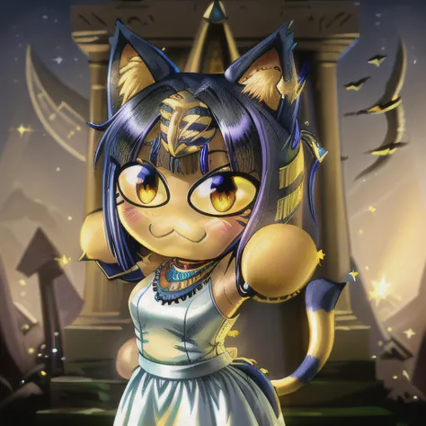 best quality, highly detailed, masterpiece, extremely detailed, beautiful face, (ankha, Neco-Arc, chibi, cute, kawai,), furry, cat girl, yellow cat eyes, blue hair, white dress, sleeveless dress, Egyptian clothes, (inEgypt, pyramids in the background), <lora:Neco-Arc:1> <lora:Ankha_v2_RETRAIN:1>