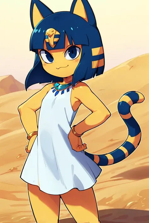 <lora:Sweet_CAT:0.8>,((masterpiece,best quality)), <lora:Ankha_v2_RT_e6_R-128:0.8>, ankha, white dress, tail, jewelry, gold, smug, smile, hand on hip, desert, cowboy shot,
