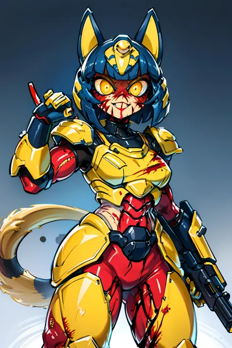 <lora:Ankha_v2_RETRAIN:1> ankha, tail, bandages, <lora:doomslayer2:0.5> armor, helmet, (((White and yellow power armor))), Egyptian armor, ((blood)), (((blood background))), scary smile, gun, holding gun, glowing eyes,