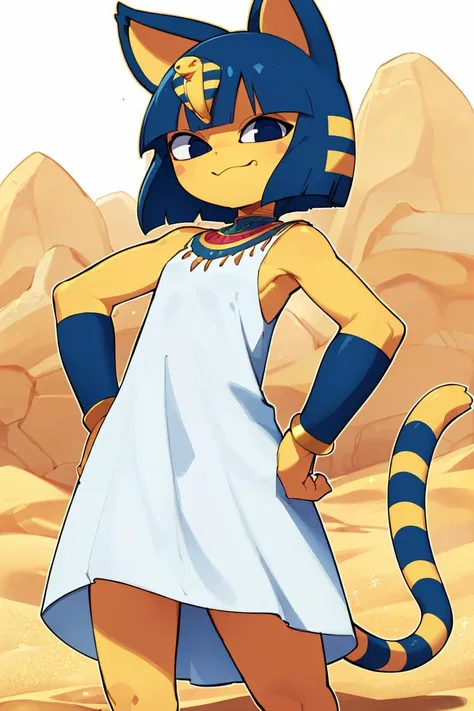 <lora:Sweet_CAT:0.8>,((masterpiece,best quality)), <lora:Ankha_v2_RT_e6_R-128:0.8>, ankha, white dress, tail, jewelry, gold, smug, smile, hand on hip, desert, cowboy shot,