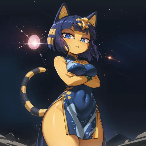 (masterpiece, best quality:1.15), ankha, 1girl, solo, crossed arms, breasts, tail, dark blue eyes, china dress, red dress, side slit, sleeveless, outdoors, supernova, exploding star, debris, shockwave, supernova light curve, nucleosynthesis, neutron star, gamma-ray burst, supernova classification