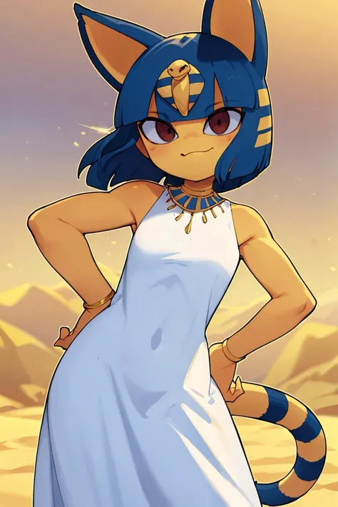 <lora:Sweet_CAT:0.8>,((masterpiece,best quality)), <lora:Ankha_v2_RT_e6_R-128:0.8>, ankha, white dress, tail, jewelry, gold, smug, smile, hand on hip, desert, cowboy shot,