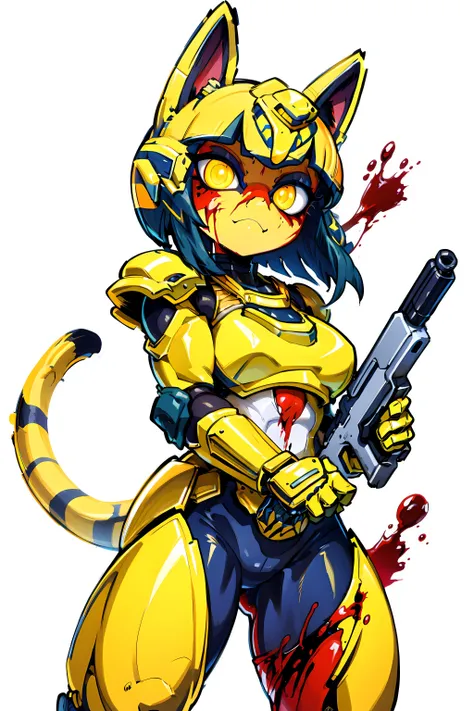 <lora:Ankha_v2_RETRAIN:1> ankha, tail, bandages, <lora:doomslayer2:0.5> armor, helmet, (((White and yellow power armor))), Egyptian armor, ((blood)), (((blood background))), scary smile, gun, holding gun, glowing eyes,
