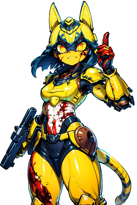 <lora:Ankha_v2_RETRAIN:1> ankha, tail, bandages, <lora:doomslayer2:0.5> armor, helmet, (((White and yellow power armor))), Egyptian armor, ((blood)), (((blood background))), scary smile, gun, holding gun, glowing eyes,