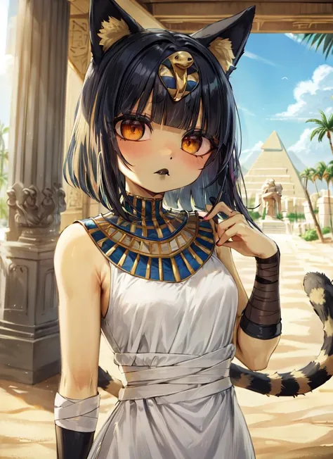 ((best quality)), ((highly detailed)), masterpiece, absurdres, (detailed eyes, deep eyes), <lora:more_details:.4>, (1girl), dynamic pose, upper body, <lora:goth_girl_GoofyAI:.7>, goth girl, gothic, makeup, (eyeshadow, mascara), ((black lips)), <lora:Ankha_v2:.8>, ankha, yellow skin, cat girl, yellow eyes, blue hair, half-closed eyes, tail, striped tail, :<, unimpressed, (bandages), white dress, sleeveless dress, Egyptian clothes, (in a desert, pyramids in the background, palm trees in the foreground), (at an altar, afternoon)