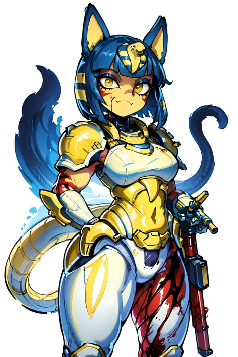 <lora:Ankha_v2_RETRAIN:1> ankha, tail, bandages, <lora:doomslayer2:0.5> armor, blue hair, (((White and yellow power armor))), Egyptian armor, ((blood)), (((blood background))), scary smile, gun, holding gun,