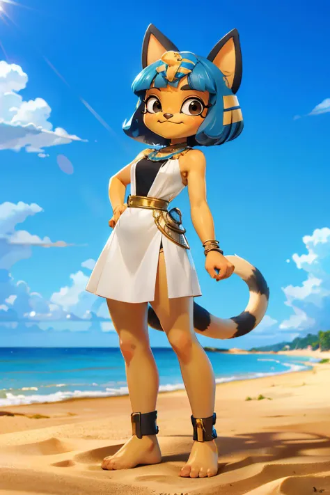 ankha, furry, blue hair, hair ornament, yellow skin, black eyes,white dress, tail, looking at viewer, smiling, full body shot, standing, outside, sand, ocean, blue sky, high quality, masterpiece, <lora:Ankha_v2_RETRAIN:.8>