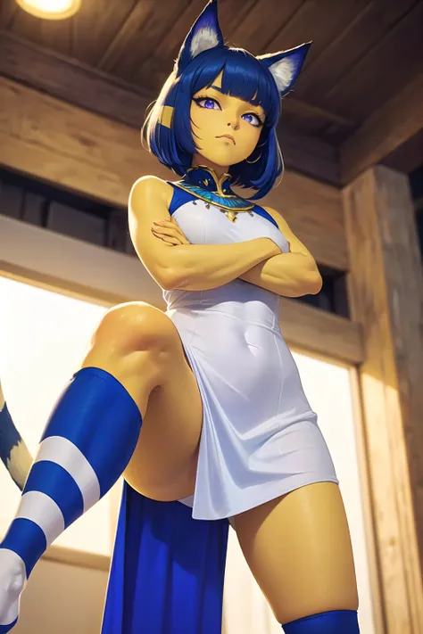 masterpiece, best quality, ultra-detailed, illustration, epic lighting, cinematic composition, (sharp:1.1), 2d, anime, <lora:Ankha_v2_RT_e6_R-128:0.5> ankha:1.05, beautiful, <lora:coloredSkinLoha_v106NormalLora:0.4> (yellow skin), (striped cat tail:1.1), cat ears, (animal feet1.1), (short blue hair:1.1), bangs, (purple eyes), focus on the eyes, (white dress:1.1), (blue socks), barefoot, hip sway, captivating pose, narrow shoulders, tired, frown, (standing, crossed arms, spreading legs, legs apart:1.2), looking at viewer, (facing viewer:1.1), (looking down, from below:1.2), gradient background, (8k:1.1)