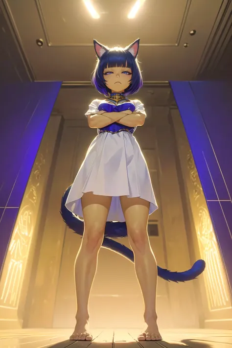 masterpiece, best quality, ultra-detailed, illustration, epic lighting, cinematic composition, (sharp:1.1), 2d, anime, <lora:Ankha_v2_RT_e6_R-128:0.5> ankha:1.05, beautiful, <lora:coloredSkinLoha_v106NormalLora:0.4> (yellow skin), (striped cat tail:1.1), cat ears, (short blue hair:1.1), bangs, (purple eyes), focus on the eyes, white dress, barefoot, (half-closed eyes:1.1), tired, frown, (standing, crossed arms, legs apart:1.2), full body, close-up, looking at viewer, (facing viewer:1.1), (looking down, from below:1.2), gradient background, (8k:1.1)