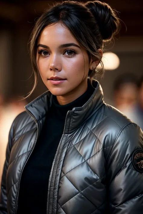 beautiful woman (EPC4r0M3j14:.99): a woman at a (party:1.1), perfect topbun, wearing sexy gray (Quilted Jacket), (crowd of people in background:1.1), (at a villa), (face focus), modelshoot style, (extremely detailed CG unity 8k wallpaper), professional majestic (photography by Dali:1.1), 24mm, exposure blend, hdr, extremely intricate, High (Detail:1.1), dramatic, soft cinematic light, (looking at viewer), (detailed pupils), 4k textures, soft cinematic light, elegant, ((((cinematic look)))), soothing tones, insane details, hyperdetailed, ("In Jernau we trust!":1.1)
