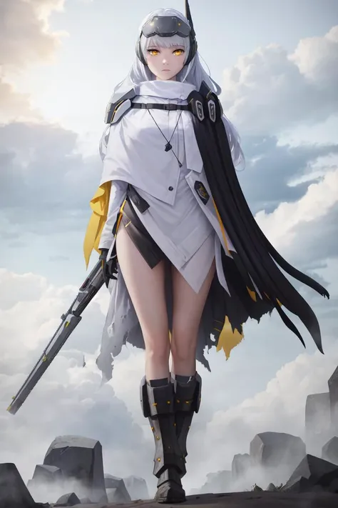 masterpiece, best quality, absurdres, <lora:snowwhite_nikke_v2-000009:1>, nikkesw,
1girl, solo, see-through,
yellow eyes, looking down, white hair, long hair, arms behind back
headgear, cloak, mechanical boots