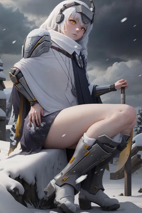masterpiece, best quality, absurdres, <lora:snowwhite_nikke_v2-000009:1>, nikkesw,
1girl, solo, seiza, sitting, snow, winter, ice, snowing, night, darkness, gloom \(expression\),
yellow eyes, white hair, long hair, bare legs, thighs,
headgear, mechanical boots, cloak, cape, bare legs, single pauldron