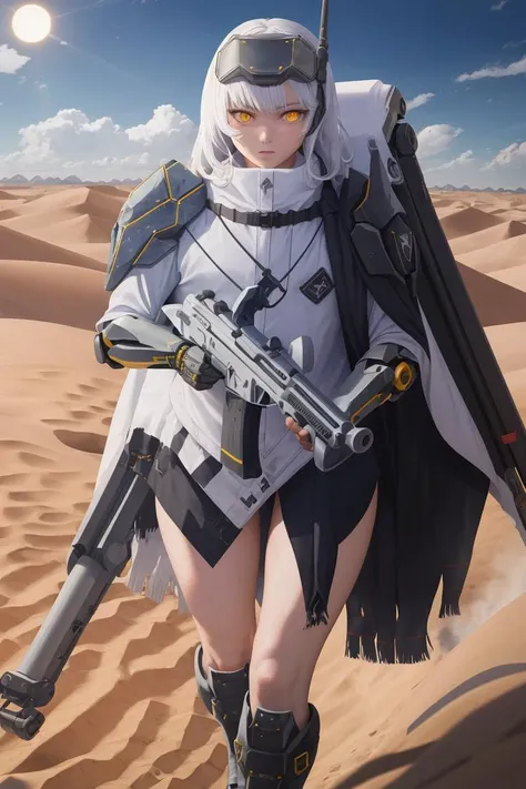 masterpiece, best quality, absurdres, <lora:snowwhite_nikke_v2-000007:1>, nikkesw,
yellow eyes, white hair, bare legs, single mechanical arm, mechanical boots, cloak, bare legs, thighs, headgear, sun, bright, robot, big boss, mecha, gun, aiming, holding gun, darkness, glowing eyes, desert, sand, walking, cowboy shot