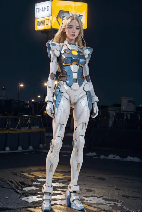 white pretty women with blonde hair in yellow robot amor at the street in the night, full of neon light,
sexy full body pose, slim body, small hip, hyperrealistic, blue light in the suit,
gree and blue theme,
high detail, realistic, photo quality, high quality, (photorealistic:1.4), science fiction, <lora:gaoda:1>
