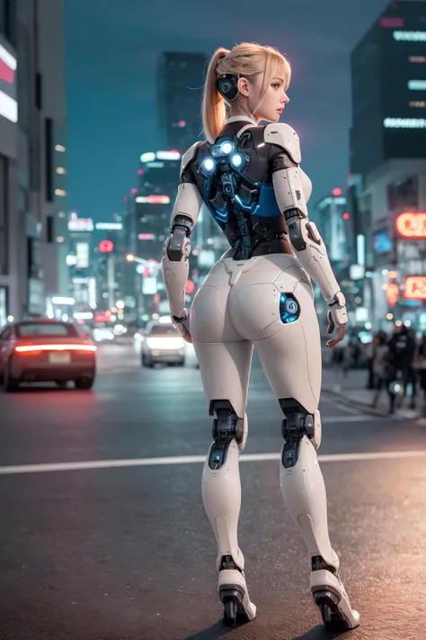 complex 3d render ultra detailed of a beautiful profile woman ,human face,her body is robot, full body, sexy standing pose,look at viewer, she has some glowing blue led parts, cyborg, robotic parts,robotic arms, mechanic legs, rim light, vibrant details, (luxurious cyberpunk background:1.1), hyperrealistic, anatomical, cable electric wires, microchip, octane render, masterpiece, realistic, photo_realistic , finely detail, official art, <lora:chilloutmixgd_v10:0.7>